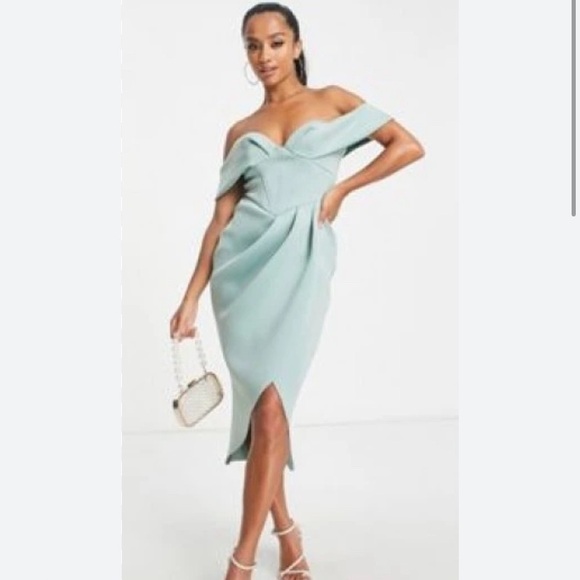 ASOS DESIGN off shoulder corset midi dress in sage-Green - Picture 4 of 4